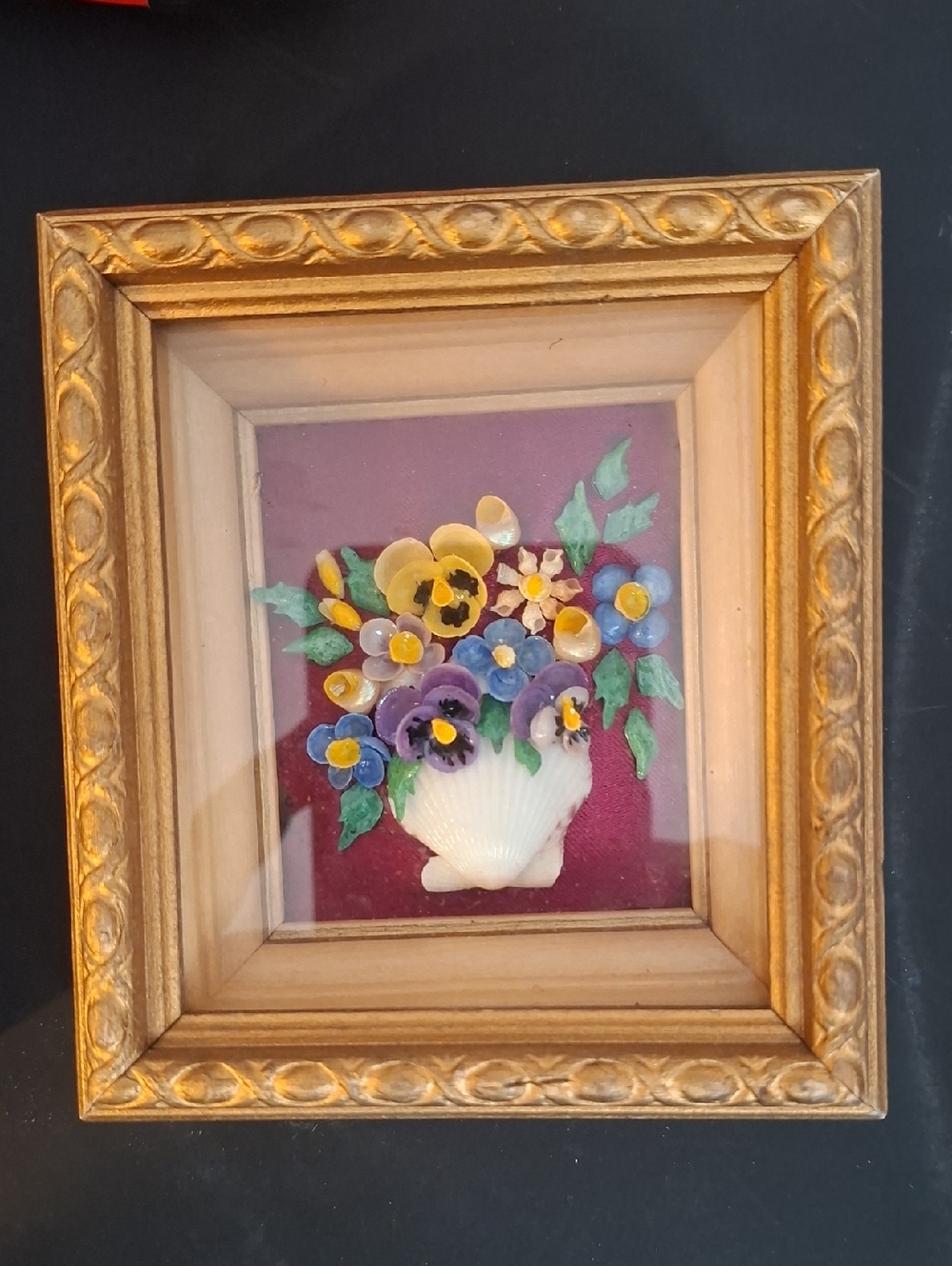Handcrafted Floral Shell Art in Gold Frame - Purple & Yellow